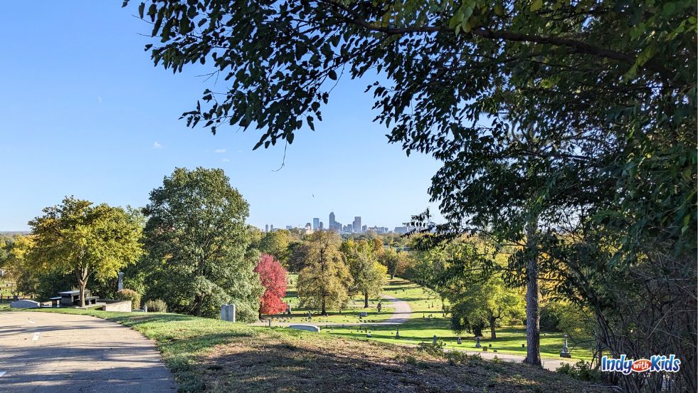 Crown Hill Cemetery offers a great view of the downtown Indianapolis skyline.