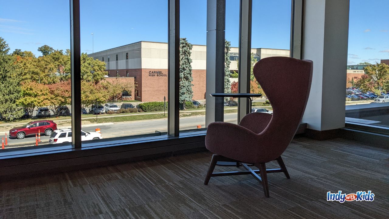 Grab a seat at the Carmel Clay Public Library for beautiful views of Main Street.
