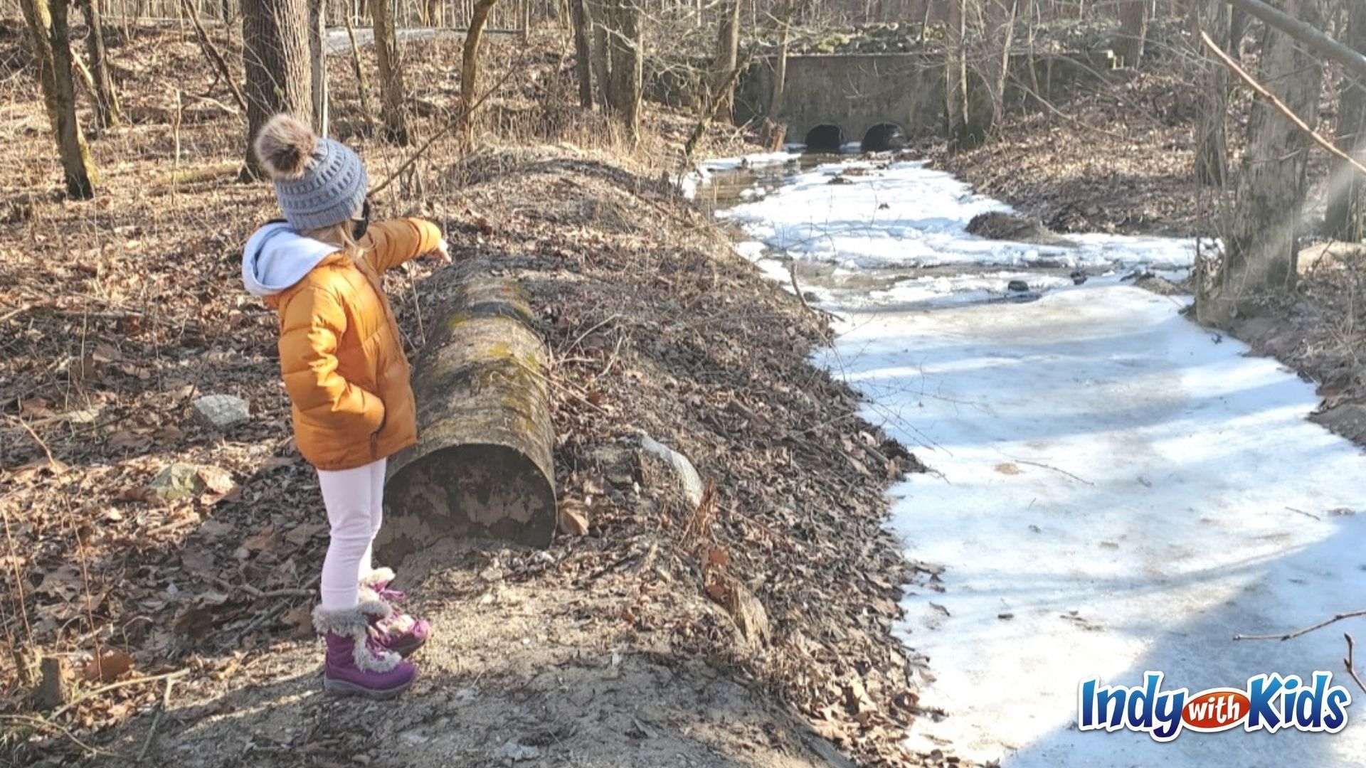 A child in a winter coat and hat looks out over an icy creek at Fort Harrison State Park.