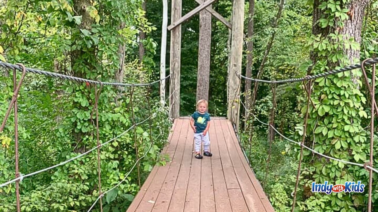 A toddler stands proudly on a bridge at Thornwood Nature Preserve.