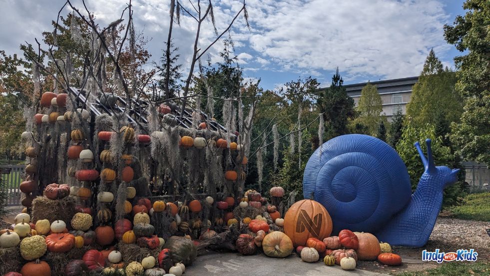 An oversized blue resin snail sits amongst pumpkins during the harvest season in the Gardens at Newfields.