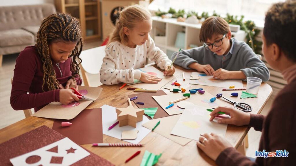 You've Been Gobbled | A Creative Thanksgiving Tradition of Giving for Kids: 4 children sit around a craft table and make crafts with scissors, blocks, crayons, and chalk