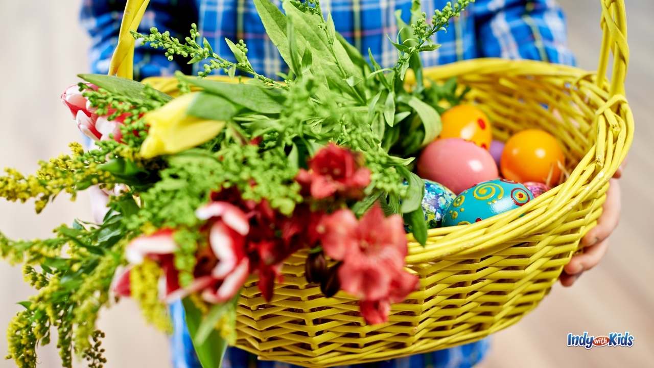 Things to Do on Easter at Home: a figure in a plaid shirt holds out a wicker basket containing a bouquet of flowers and assorted Easter eggs.