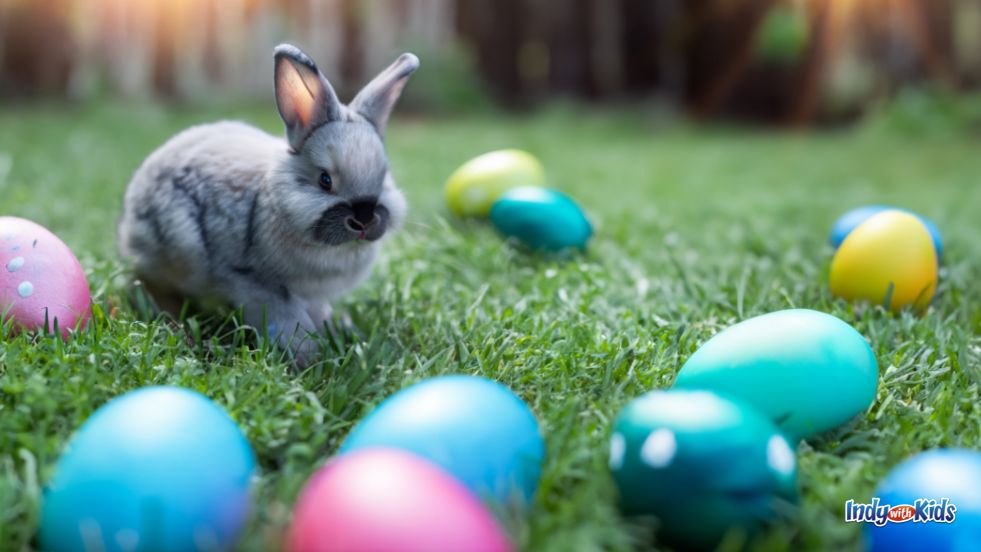 Easter bunny pictures near me: A fluffy grey bunny sits in the grass amongst colorful easter eggs.