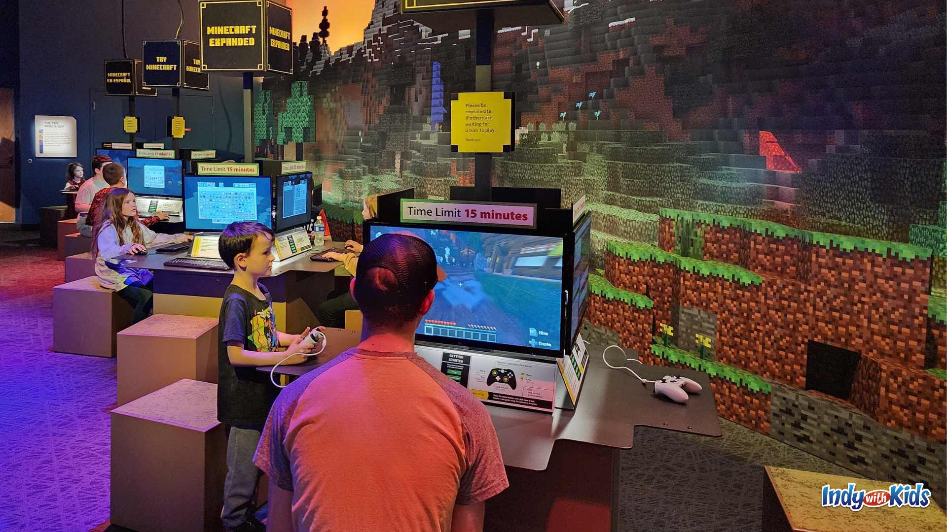 Minecraft: The Exhibition at The Children's Museum of Indianapolis beautiful builds game playing section.
