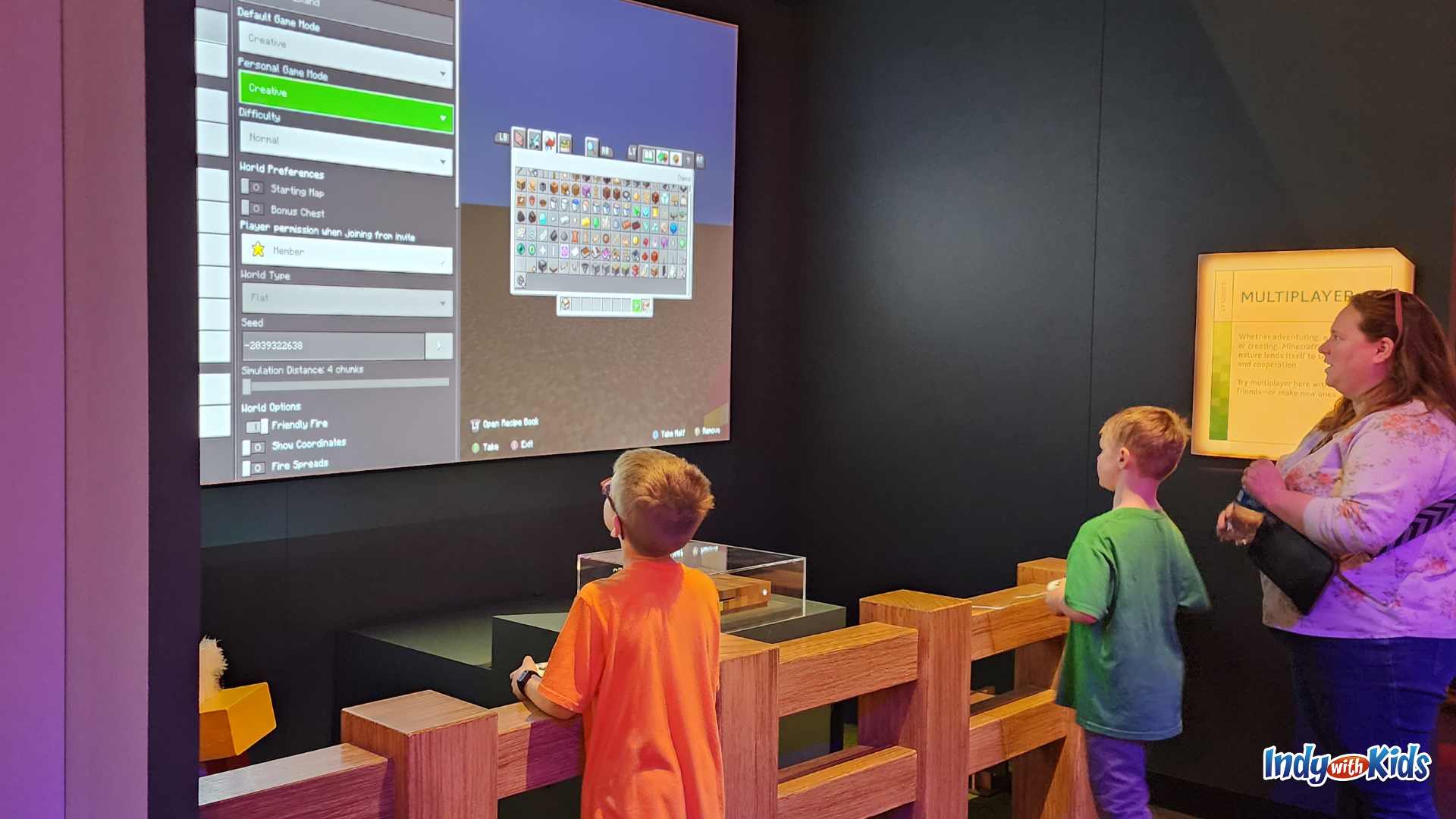 Minecraft: The Exhibition at The Children's Museum of Indianapolis big screen game play