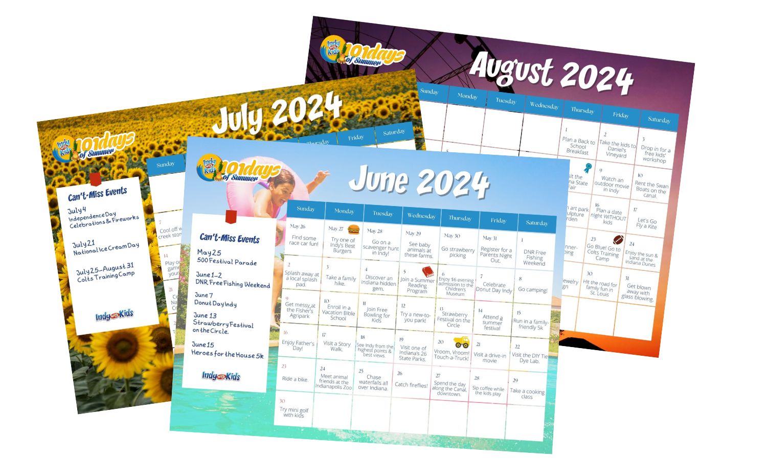 Calendar pages with 101 Indiana summer activities for kids and families.