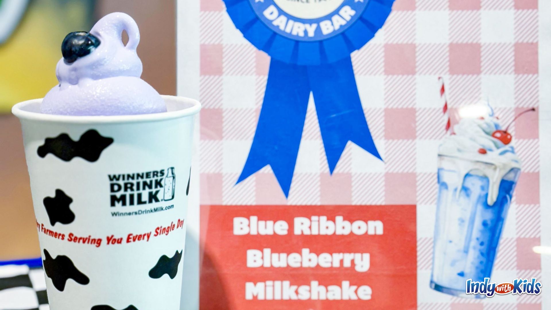 Indiana State Fair Food: The Dairy Bar's signature blueberry milkshake is served in a cow-spotted cup.