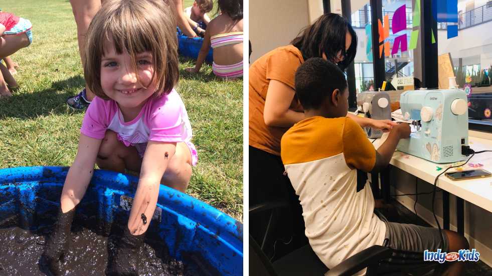 Fishers Parks Camps girl in mud and boy sewing
