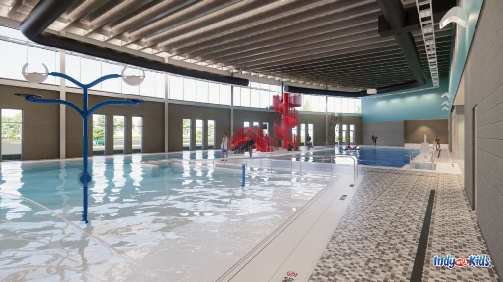 a rendering of an aquatic center with a zero entry pool in the foreground and a lap pool in the background 