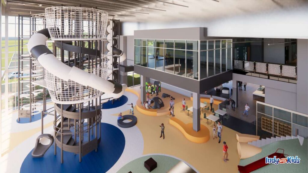 a rendering of an indoor play area with a jungle gym that touches the ceiling and play features on the ground 