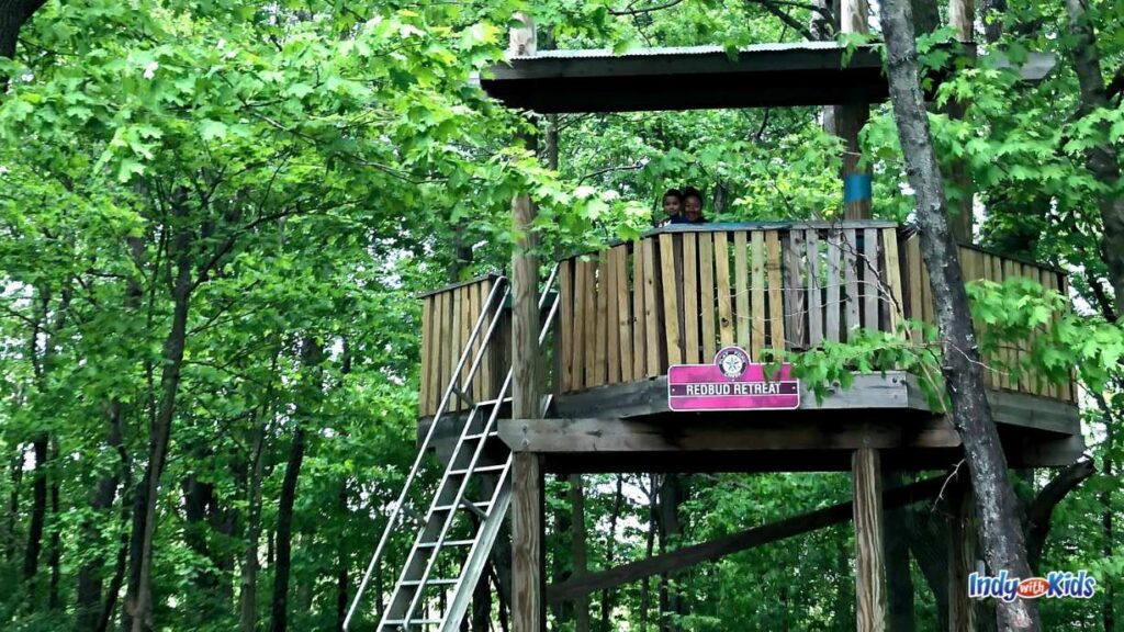 a boy and his mom look down from a treehouse in the woods surrounded by lush green leaves on trees