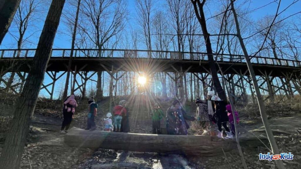 several children stand behind a fallen log in the woods. the sun shines through the woods and under a bridge directly behind the group.