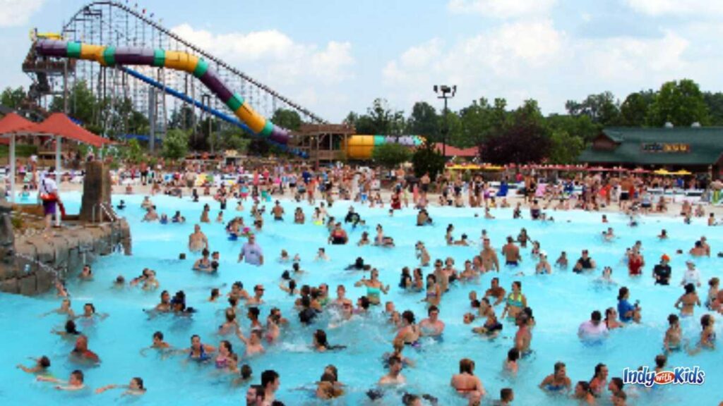 there are tons of people in a a huge pool or wave pool at the splashin' safari water park. you can see a giant slide and a roller coaster in the background