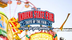 Graphic for the Indiana State Fair Taste of the Fair contest with bold red, white, and blue text over a colorful fair midway background.