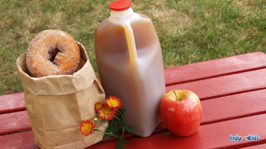 The Conner Prairie Apple Store: a quart of apple cider sits on a red picnic table next to a brown paper bag filled with apple cider donuts and an apple.