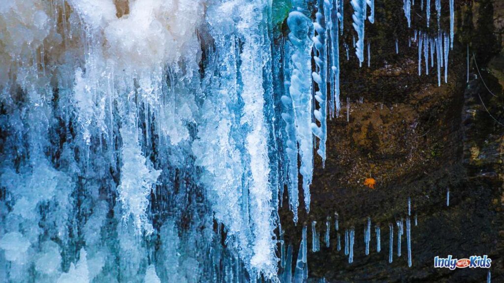 13 Fascinating Waterfalls in Indiana: icicles hang down where a waterfall usually flows