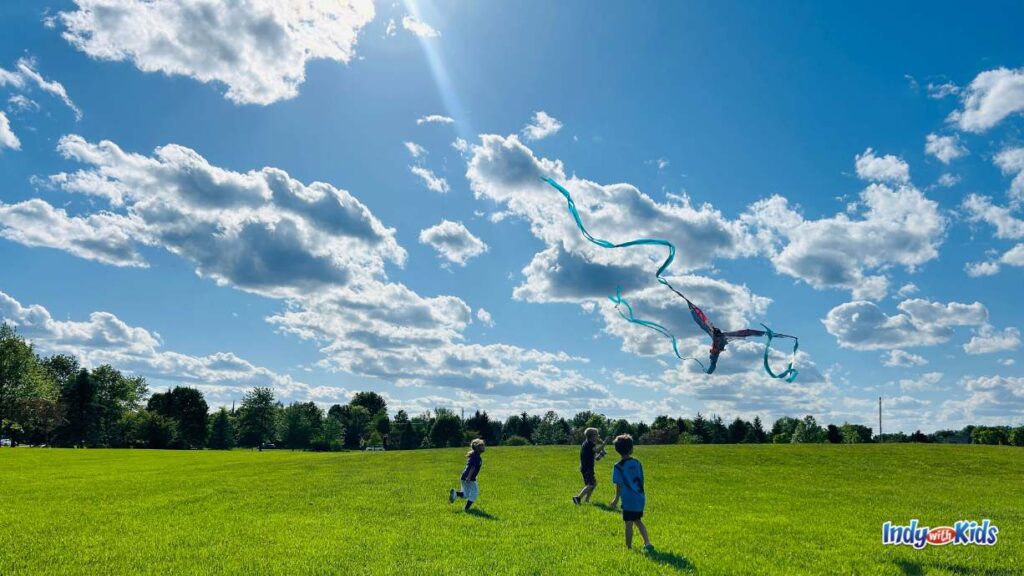 three children run around in a grassy field chasing a kite overhead at coxhall gardens