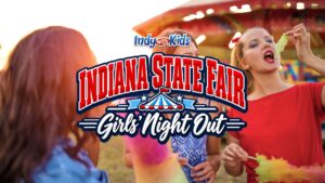 Graphic that says “Indiana State Fair Girls’ Night Out” over a photo of women eating cotton candy at the fair.
