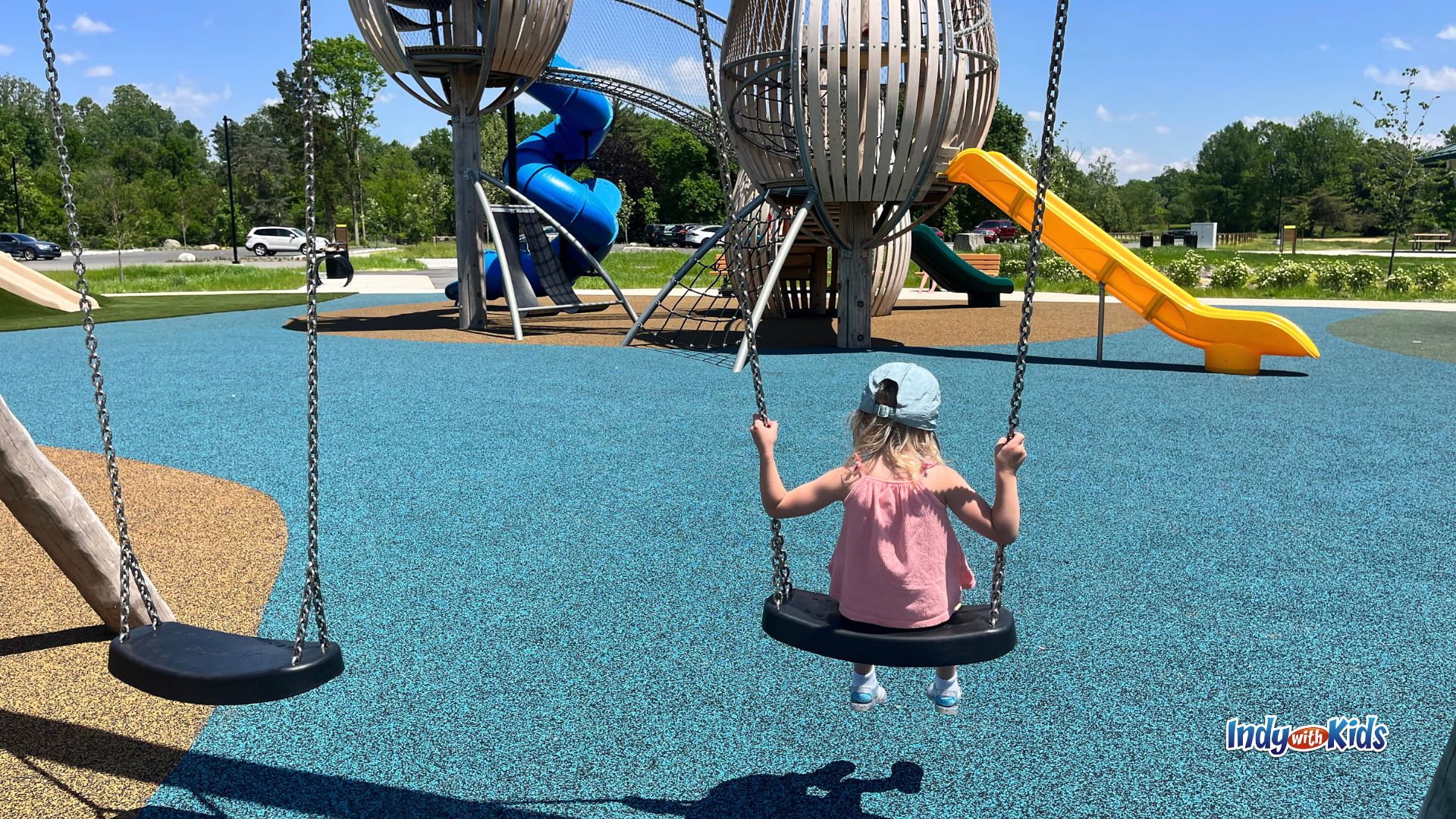 A child swings at Riverside Adventure Park in Indianapolis.