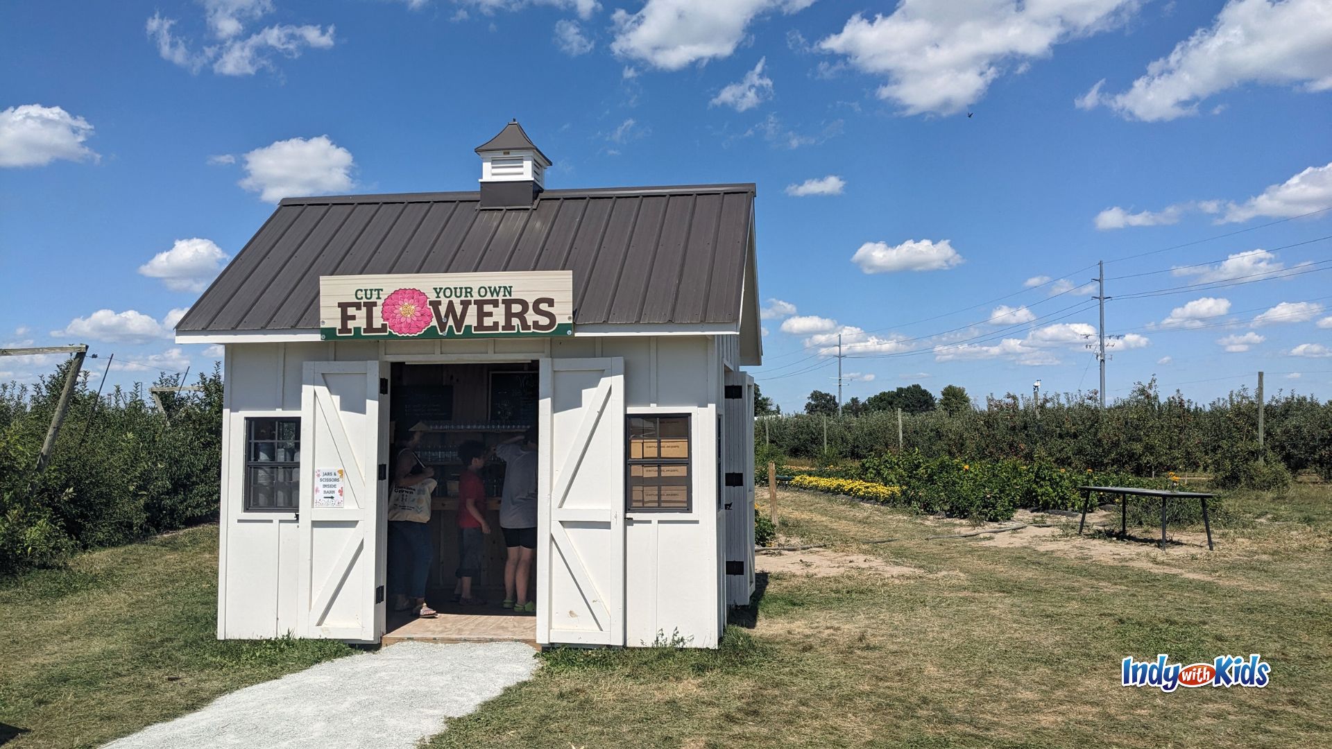 A white barn welcomes visitors to the Upick flower field at Tuttle Orchards in Greenfield.