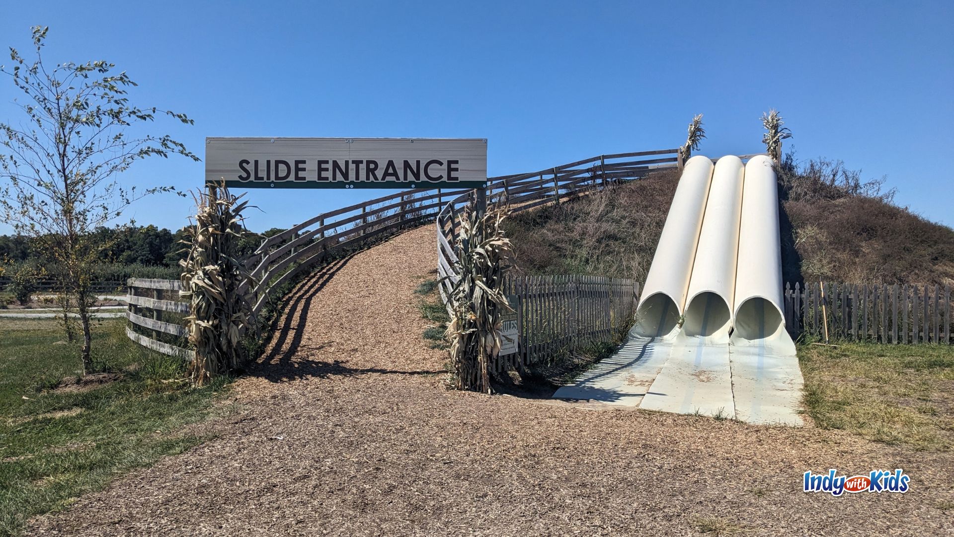 Three giant slides built into a hill at Tuttle Orchards in Greenfield.