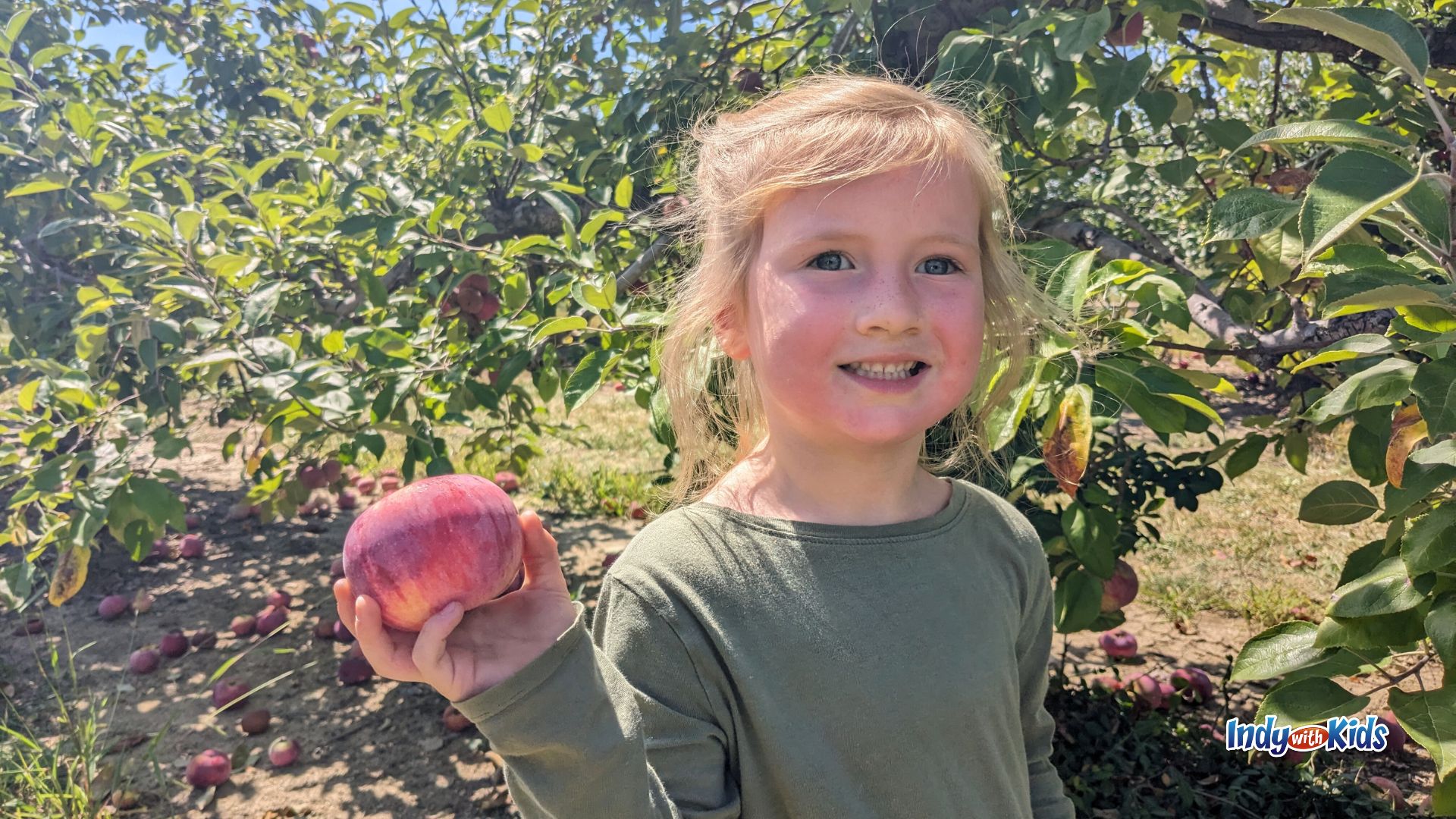 A small girl grins while holding a freshly picked apple at Tuttle Orchards in Greenfield.