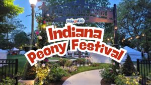 Indiana Peony Festival graphic at Seminary Park in Noblesville with vendor tents, string lights, and flower displays