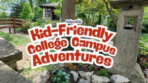 A peaceful garden on a college campus with a curved wooden bridge, stone lantern, flowers, mature trees, and a small Japanese-style garden house. Text overlay reads “Kid-Friendly College Campus Adventures.”