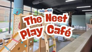 The Nest Play Café indoor play area in Indianapolis with a wooden climbing structure and slide