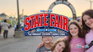 Graphic for Indiana State Fair free admission, discounts, coupons, and deals with smiling children in front of a blurred fair scene.
