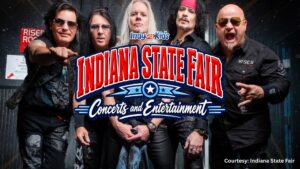 Graphic for Indiana State Fair concerts and entertainment featuring a band photo with a bold red, white, and blue text overlay.